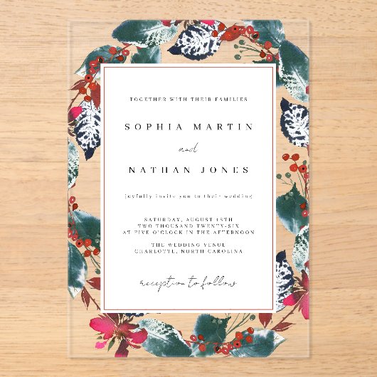 Weihnachten Blumenleaf Moderne Clear Wedding Acryleinladungen (Vorderseite)