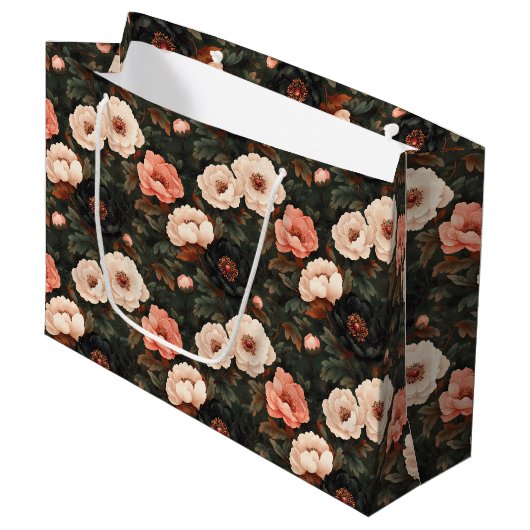 Weihnachten Blumenpeony Pink & Dark Green Große Geschenktüte (Vorderseite Schrägansicht)
