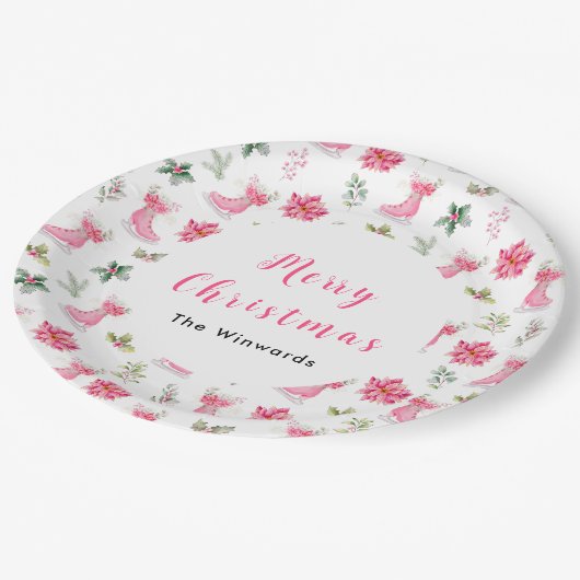 Weihnachten Blumenrosa Skate Frohe Weihnachten Pappteller (Schrägansicht)