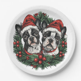 Weihnachten Boston Terrier Dogs Holiday Wreath Pappteller