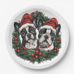 Weihnachten Boston Terrier Dogs Holiday Wreath Pappteller