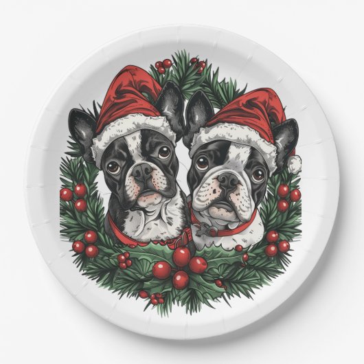 Weihnachten Boston Terrier Dogs Holiday Wreath Pappteller (Vorderseite)