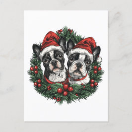 Weihnachten Boston Terrier Dogs Holiday Wreath Postkarte