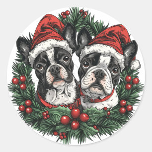 Weihnachten Boston Terrier Dogs Holiday Wreath Runder Aufkleber