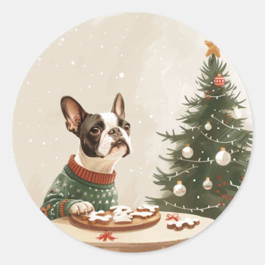 Weihnachten Boston Terrier Hund Runder Aufkleber (Vorderseite)