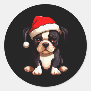 Weihnachten Boston Terrier Hund Santa Hut Lustiges Runder Aufkleber