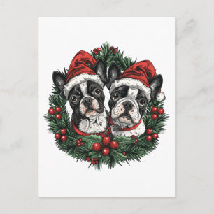 Weihnachten Boston Terrier Hunde Urlaubskranz Postkarte
