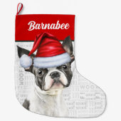 Weihnachten Boston Terrier Name Woof Background Großer Weihnachtsstrumpf (Vorderseite)