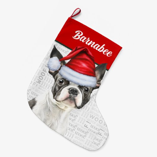 Weihnachten Boston Terrier Name Woof Background Großer Weihnachtsstrumpf (Vorderansicht (hängend))