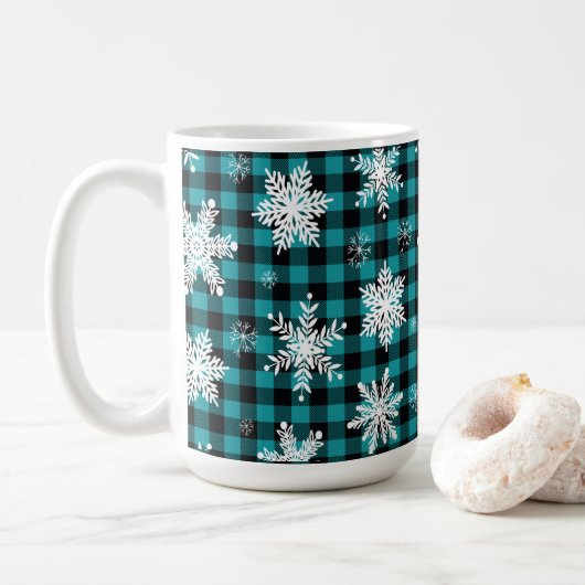Weihnachten - Buffalo - Karierte Aquamarine Schnee Kaffeetasse (Mit Donut)