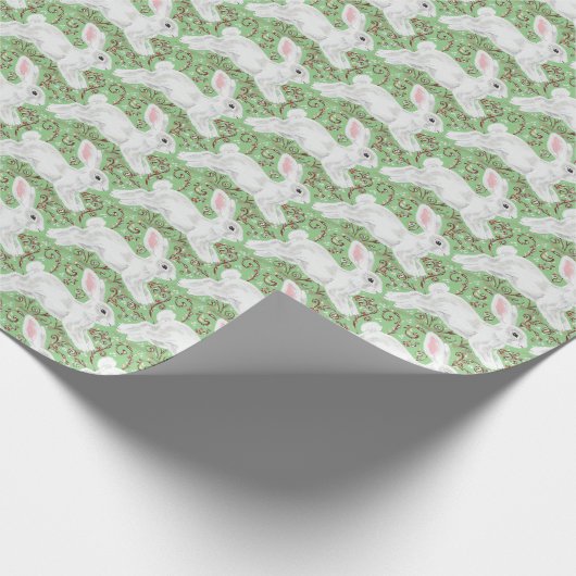 Weihnachten Bunny Rabbit Grüne Reben & Scrolls Nie Geschenkpapier (Ecke)