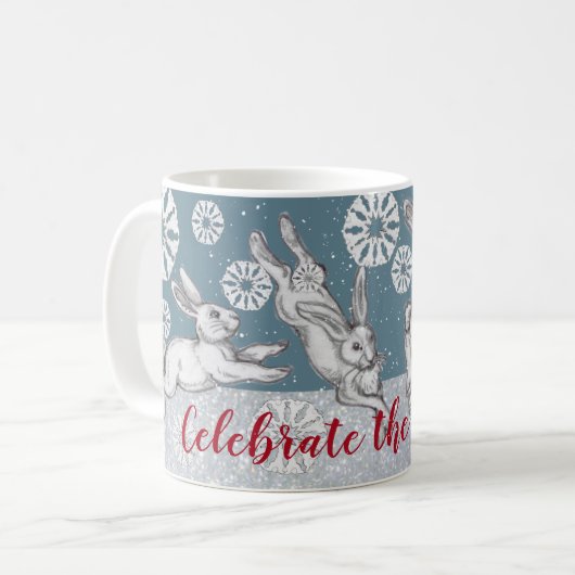 Weihnachten Bunny Rabbits & Snowflakes Blauer Glit Kaffeetasse (Vorderseite Links)