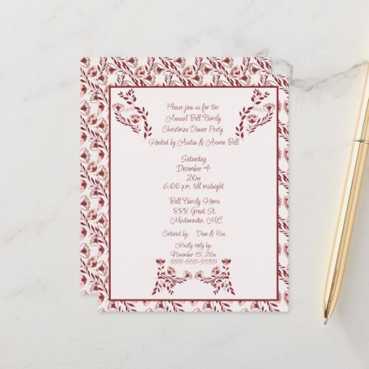 Weihnachten Burgund florale skandinavische Folklor (Vorderseite/Rückseite Beispiel)