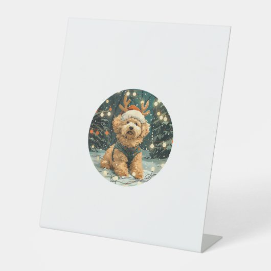 Weihnachten Cavapoo Rentierhunde Weihnachtsmannmüt Sockelschild (Vorderseite)