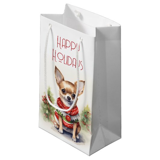 Weihnachten Chihuahua mit Weihnachtskraut Kleine Geschenktüte (Vorderseite Schrägansicht)