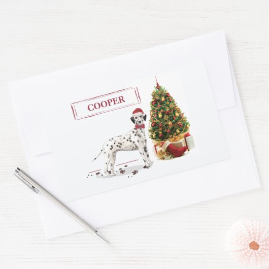 Weihnachten Dalmatiner Hund und Baum Rechteckiger Aufkleber (Umschlag)