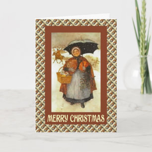 Weihnachten, Dame mit einem Körbchen Geschenke Feiertagskarte