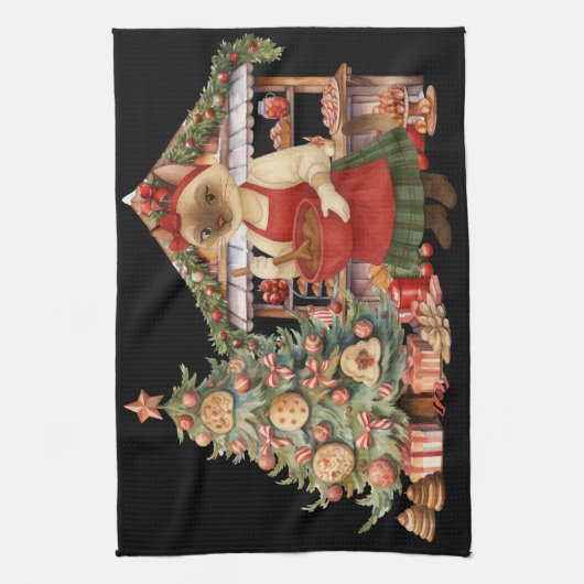 Weihnachten der Katze im Bäckereiladen Geschirrtuch (Vertikal)
