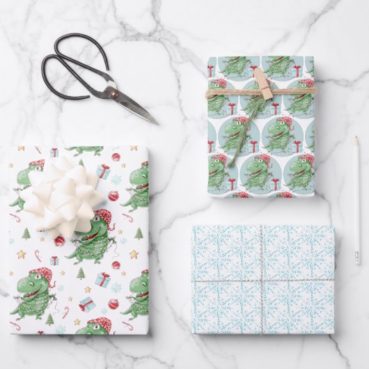 Weihnachten Dinosaur T-Rex Urlaub Geschenkpapier Set (Vorderseite)