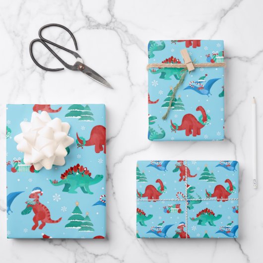 Weihnachten Dinosaurier Kinder Spaß Winterurlaub Geschenkpapier Set (Vorderseite)