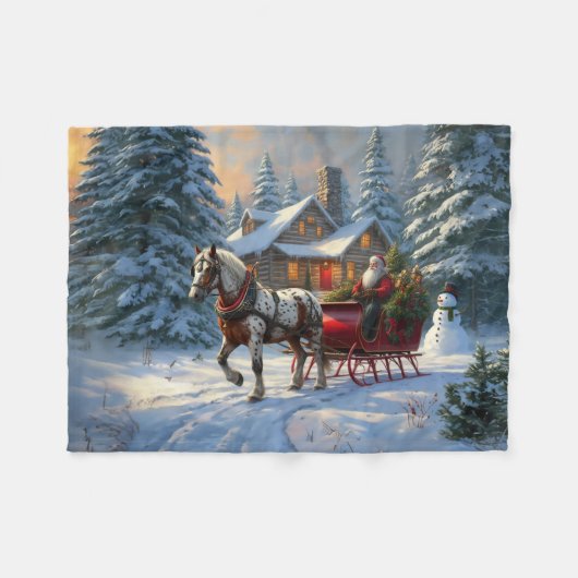 Weihnachten Ein Pferd Sleigh Santa Fleecedecke (Vorderseite (Horizontal))