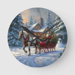 Weihnachten Ein Pferd Sleigh Santa Runde Wanduhr