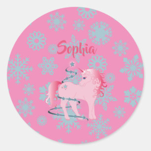 Weihnachten Einhorn Rosa Girl Niedliche Schneefloc Runder Aufkleber