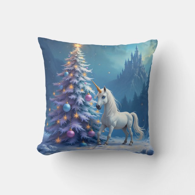 Weihnachten Einhorn und Märchenburg Kissen (Vorderseite)
