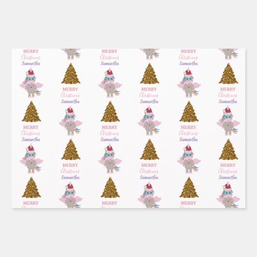 Weihnachten Einhorn Weihnachtsmannmütze Gold Glitz Geschenkpapier Set (Vorderseite 3)