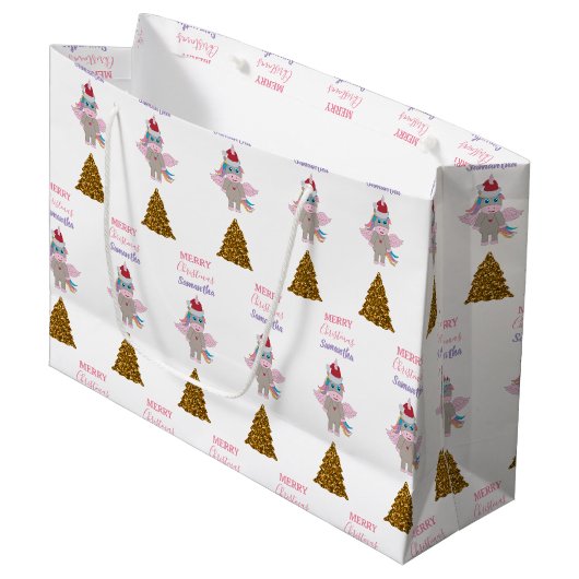 Weihnachten Einhorn Weihnachtsmannmütze Gold Glitz Große Geschenktüte (Vorderseite Schrägansicht)