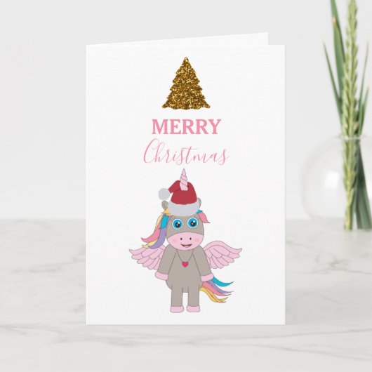 Weihnachten Einhorn Weihnachtsmannmütze Gold Glitz Karte (Vorderseite)