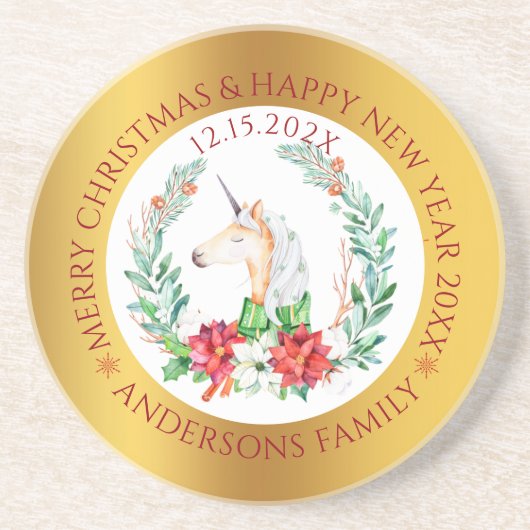 Weihnachten Einhorngold und weiße Grenze Getränkeuntersetzer (Vorne)