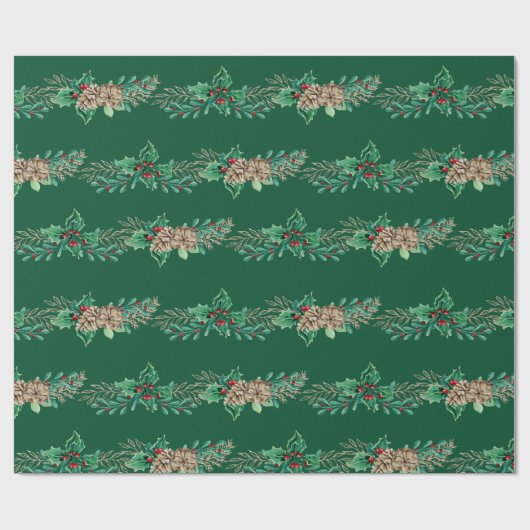 Weihnachten Elegant Green Holly Berry Pine Garland Geschenkpapier (Flach)