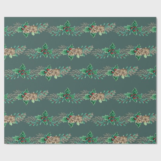 Weihnachten Elegant Holly Berry Pine Cone Garland Geschenkpapier (Flach)