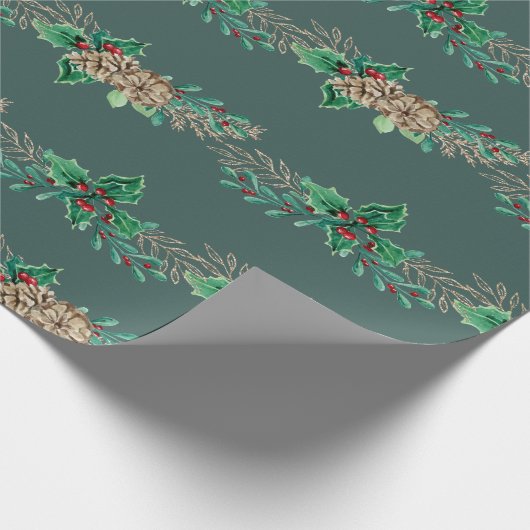 Weihnachten Elegant Holly Berry Pine Cone Garland Geschenkpapier (Ecke)