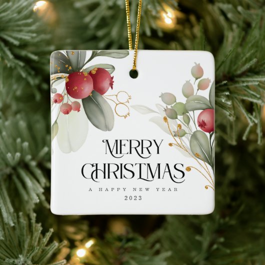 Weihnachten Elegante Watercolor Berry Classic Rund Keramikornament (Baum)