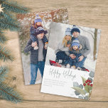 Weihnachten Elegante Winter Holly Berries 2 Foto<br><div class="desc">Dieses Design umfasst Weihnachts-Rot-Heiligbeeren mit Foto 2 zwei Familienbildern,  botanisches Grün im Winterwald,  Aquarell-Rot-Grün-Blau-Silber,  elegante Zweige-Kiefer-Zweige,  klassische Eukalyptus-Blätter und Schriftzeichen-Kalligraphie,  modernes Kalligraphie-Script-Schriftart,  moderne,  schlichte Mode,  ein schönes Multi-Foto Weihnachtsfeiertage Foto</div>