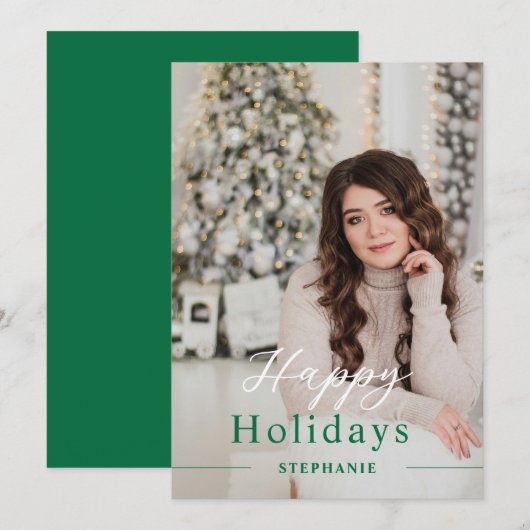 Weihnachten Elegantes Script Foto Green Happy (Vorne/Hinten)