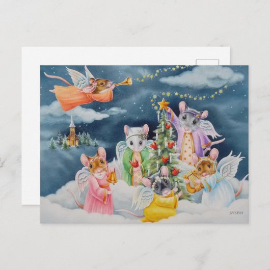 Weihnachten-Engel-Mäuse in Wolken Wasserfarben Kun Postkarte (Vorne/Hinten)