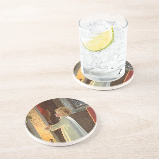 Weihnachten, Erwärmung des Kindes am Kamin Getränkeuntersetzer (Seite)