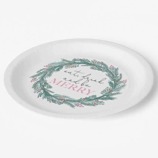 Weihnachten essen Drink und fühlen Sie sich froh F Pappteller (Schrägansicht)