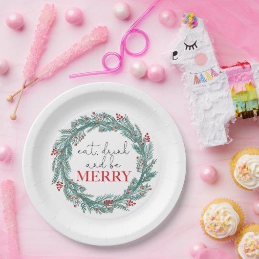 Weihnachten essen Drink und Sei froh Kranz Rotes P Pappteller (Party)