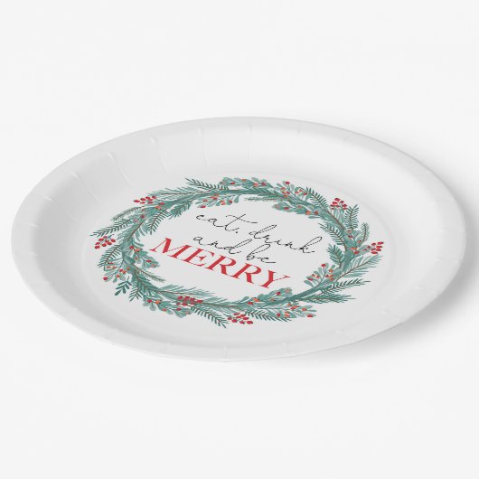 Weihnachten essen Drink und Sei froh Kranz Rotes P Pappteller (Schrägansicht)