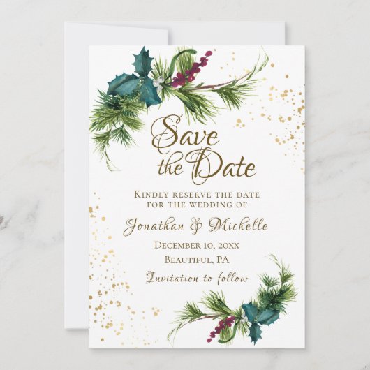 Weihnachten Evergreen Red Berries Winter Wedding Save The Date (Vorderseite)