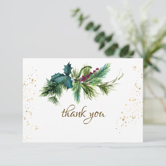 Weihnachten Evergreen Red Gold Winter Wedding Dankeskarte (Stehend Vorderseite)