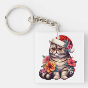 Weihnachten Exotische Kurzhaarkatze, Floral Santa  Schlüsselanhänger