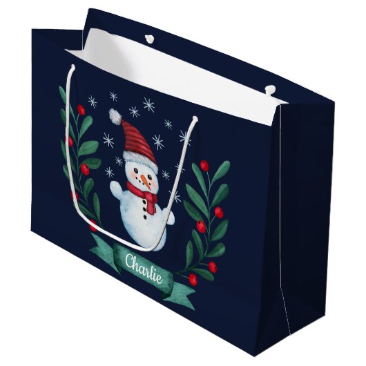 Weihnachten Farbe Snowman Custom Navy Blau Große Geschenktüte (Vorderseite Schrägansicht)