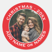 Weihnachten feiern - Foto und Text rot Runder Aufkleber (Vorderseite)