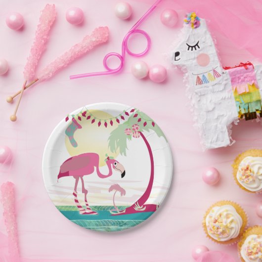 Weihnachten Flamingo Urlaub Strand Szene Pappteller (Party)