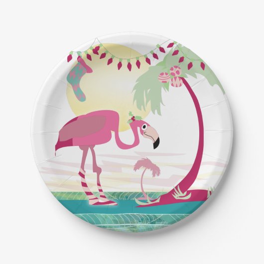 Weihnachten Flamingo Urlaub Strand Szene Pappteller (Vorderseite)